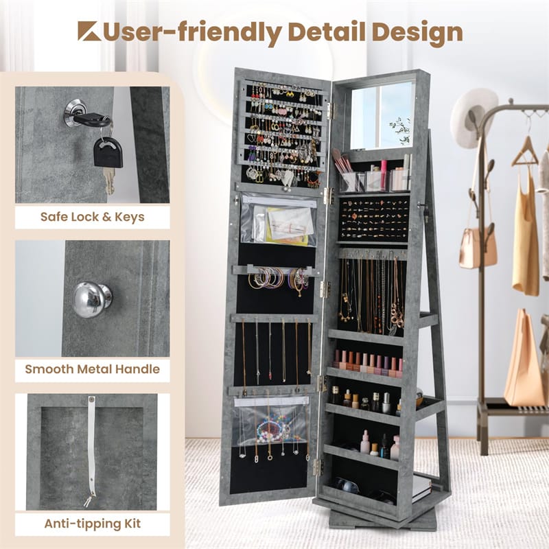 360° Rotating Jewelry Armoire with Higher Full Length Mirror, 3-in-1 Freestanding Lockable Jewelry Cabinet Organizer