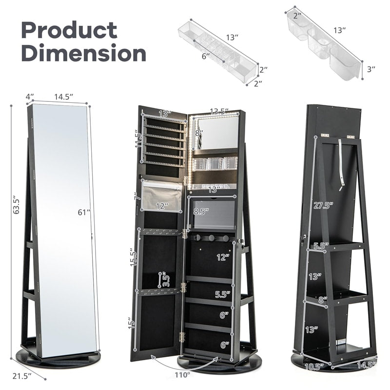 360° Swivel Jewelry Armoire with Full-Length Mirror, Lockable Jewelry Cabinet Standing Organizer w/Rear Storage Shelves 3-Color LED Lights