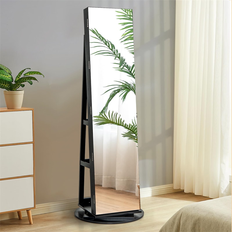 360° Swivel Jewelry Armoire with Full-Length Mirror, Lockable Jewelry Cabinet Standing Organizer w/Rear Storage Shelves 3-Color LED Lights