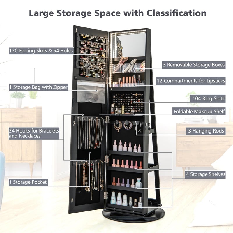 360° Swivel Jewelry Armoire with Full-Length Mirror, Lockable Jewelry Cabinet Standing Organizer w/Rear Storage Shelves 3-Color LED Lights