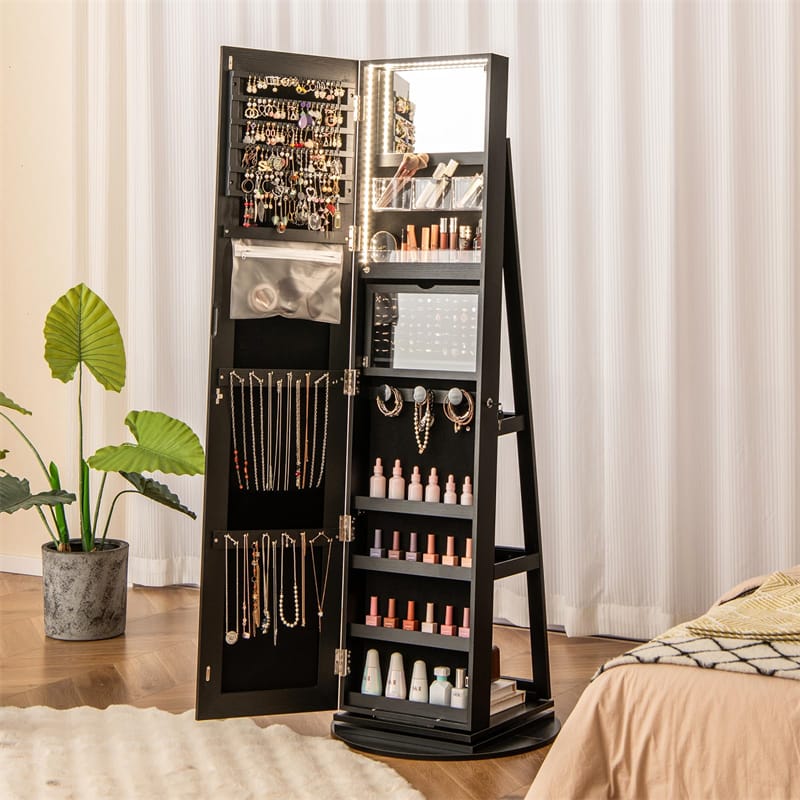 360° Swivel Jewelry Armoire with Full-Length Mirror, Lockable Jewelry Cabinet Standing Organizer w/Rear Storage Shelves 3-Color LED Lights