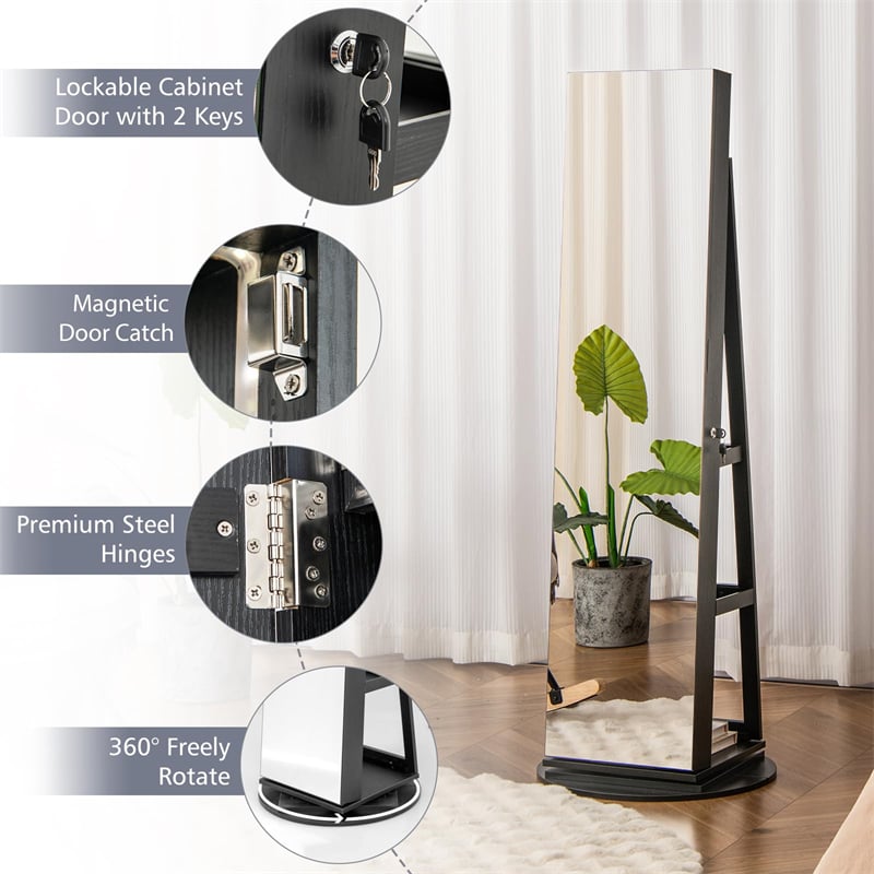 360° Swivel Jewelry Armoire with Full-Length Mirror, Lockable Jewelry Cabinet Standing Organizer w/Rear Storage Shelves 3-Color LED Lights
