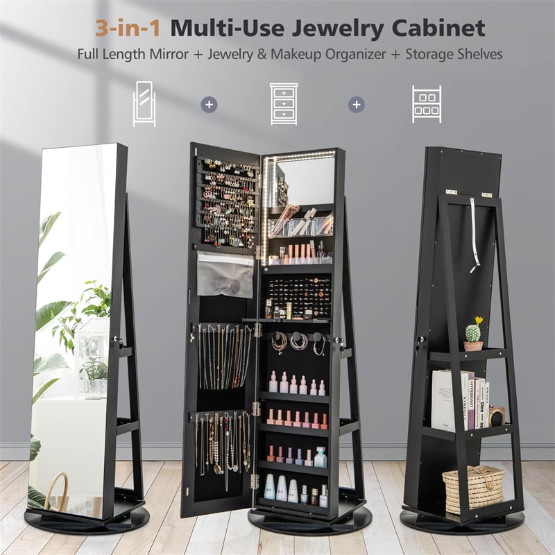 360° Swivel Jewelry Armoire with Full-Length Mirror, Lockable Jewelry Cabinet Standing Organizer w/Rear Storage Shelves 3-Color LED Lights