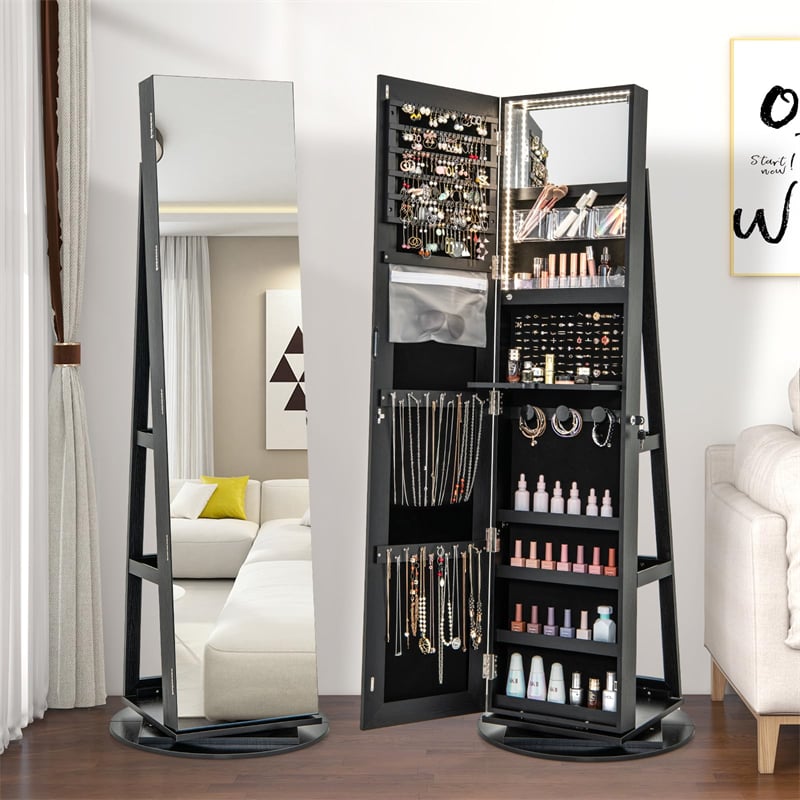 360° Swivel Jewelry Armoire with Full-Length Mirror, Lockable Jewelry Cabinet Standing Organizer w/Rear Storage Shelves 3-Color LED Lights