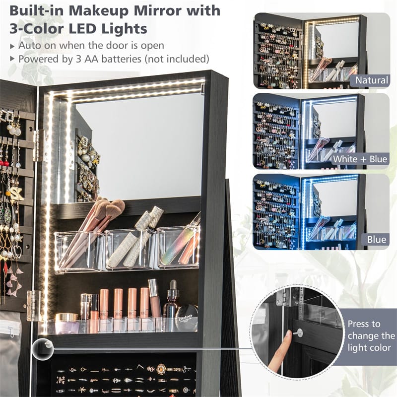 360° Swivel Jewelry Armoire with Full-Length Mirror, Lockable Jewelry Cabinet Standing Organizer w/Rear Storage Shelves 3-Color LED Lights