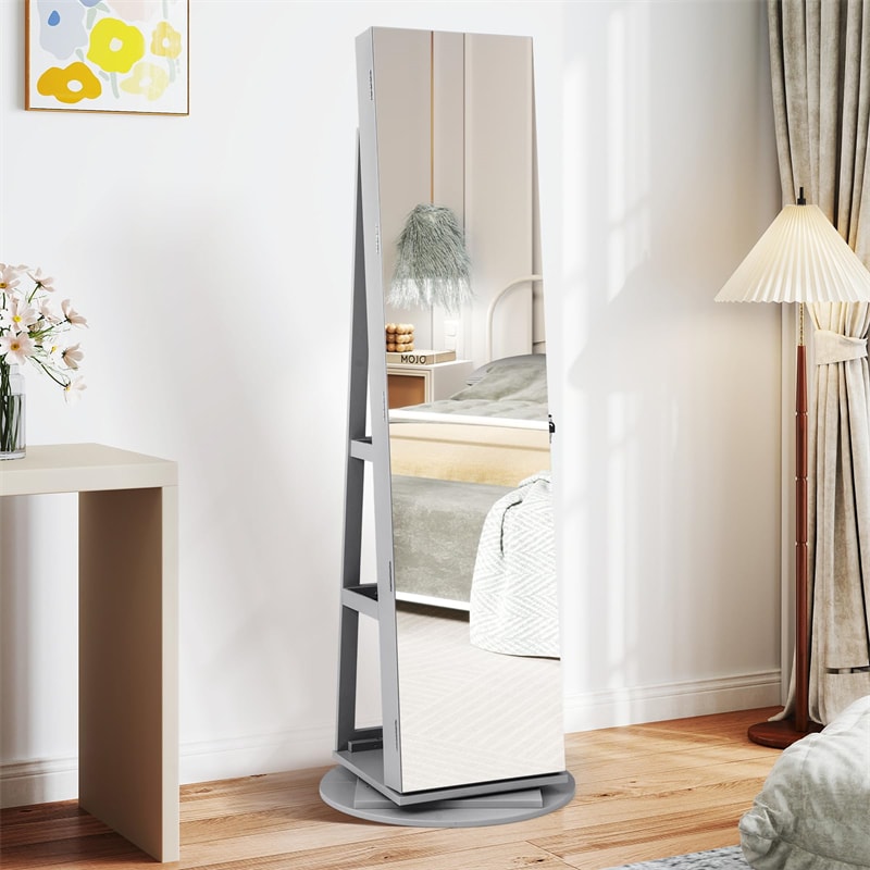 360° Swivel Jewelry Armoire with Full-Length Mirror, Lockable Jewelry Cabinet Standing Organizer w/Rear Storage Shelves 3-Color LED Lights