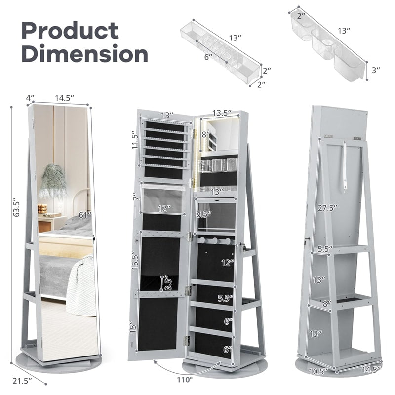 360° Swivel Jewelry Armoire with Full-Length Mirror, Lockable Jewelry Cabinet Standing Organizer w/Rear Storage Shelves 3-Color LED Lights