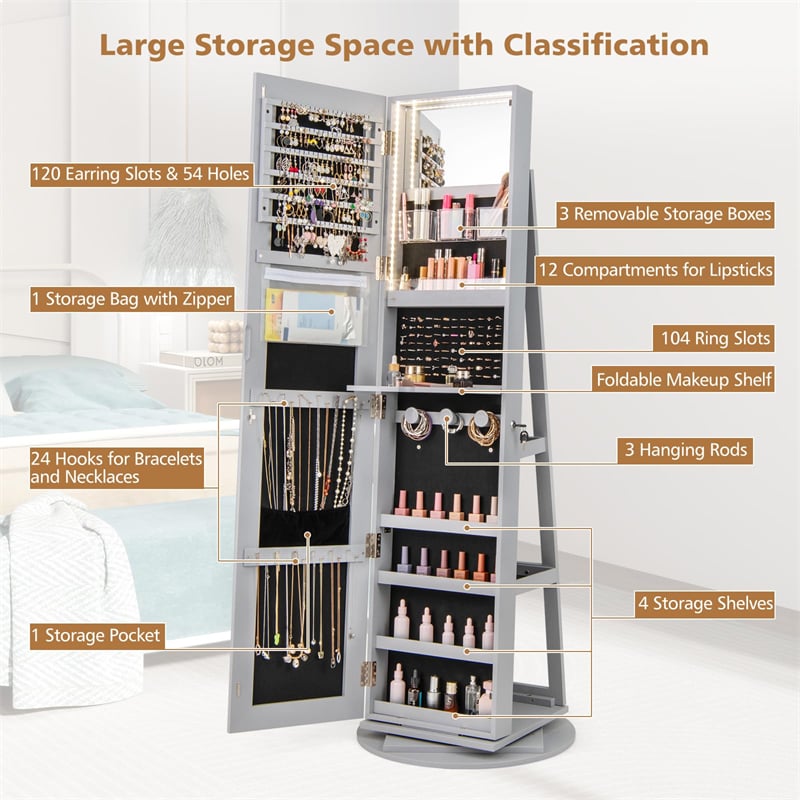 360° Swivel Jewelry Armoire with Full-Length Mirror, Lockable Jewelry Cabinet Standing Organizer w/Rear Storage Shelves 3-Color LED Lights