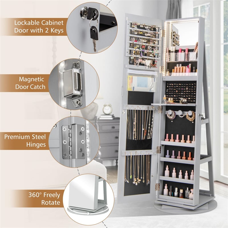 360° Swivel Jewelry Armoire with Full-Length Mirror, Lockable Jewelry Cabinet Standing Organizer w/Rear Storage Shelves 3-Color LED Lights