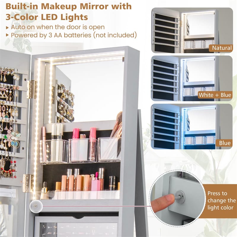 360° Swivel Jewelry Armoire with Full-Length Mirror, Lockable Jewelry Cabinet Standing Organizer w/Rear Storage Shelves 3-Color LED Lights