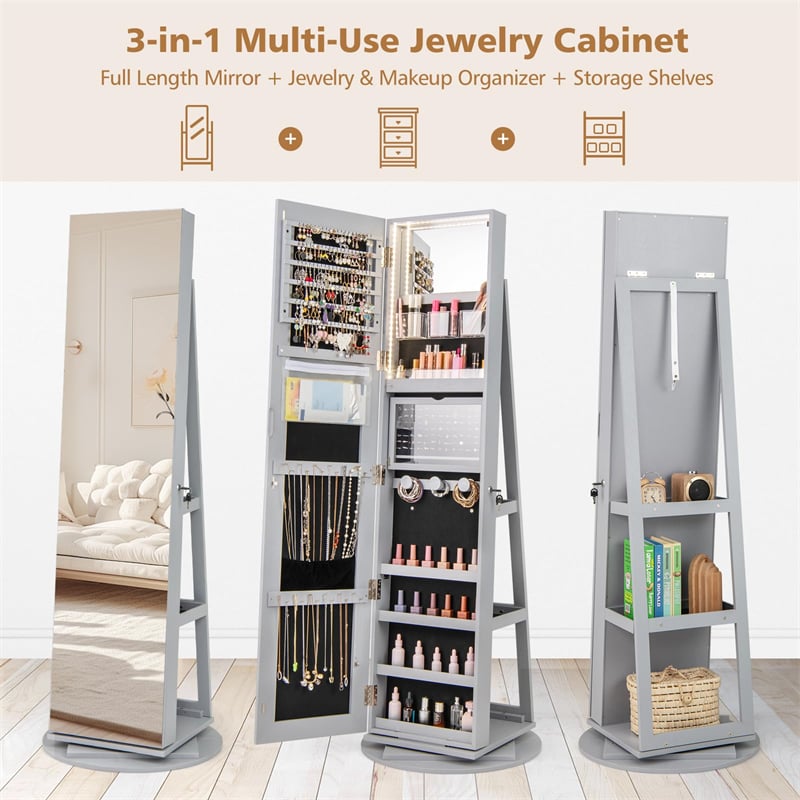360° Swivel Jewelry Armoire with Full-Length Mirror, Lockable Jewelry Cabinet Standing Organizer w/Rear Storage Shelves 3-Color LED Lights