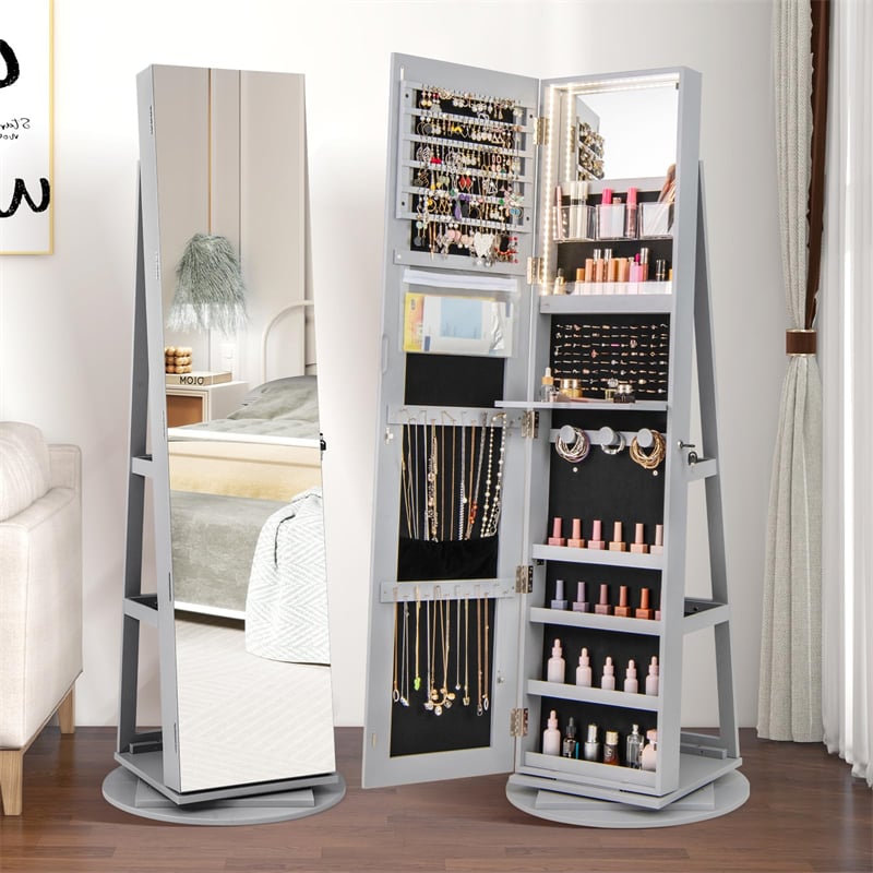 360° Swivel Jewelry Armoire with Full-Length Mirror, Lockable Jewelry Cabinet Standing Organizer w/Rear Storage Shelves 3-Color LED Lights
