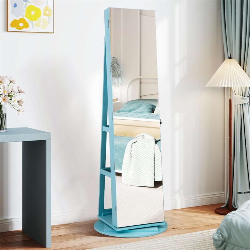 360° Swivel Jewelry Armoire with Full-Length Mirror, Lockable Jewelry Cabinet Standing Organizer w/Rear Storage Shelves 3-Color LED Lights