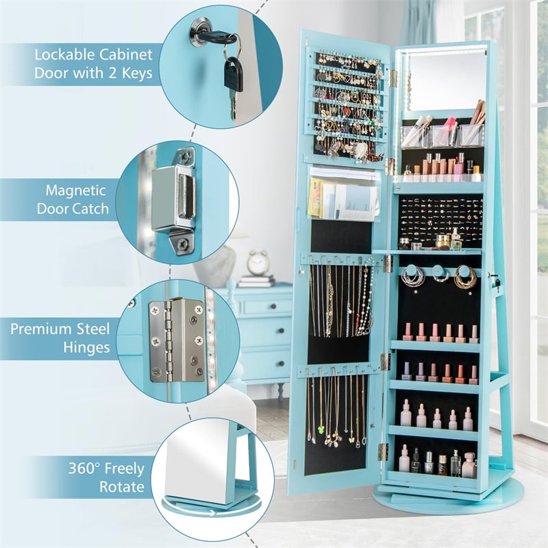 360° Swivel Jewelry Armoire with Full-Length Mirror, Lockable Jewelry Cabinet Standing Organizer w/Rear Storage Shelves 3-Color LED Lights