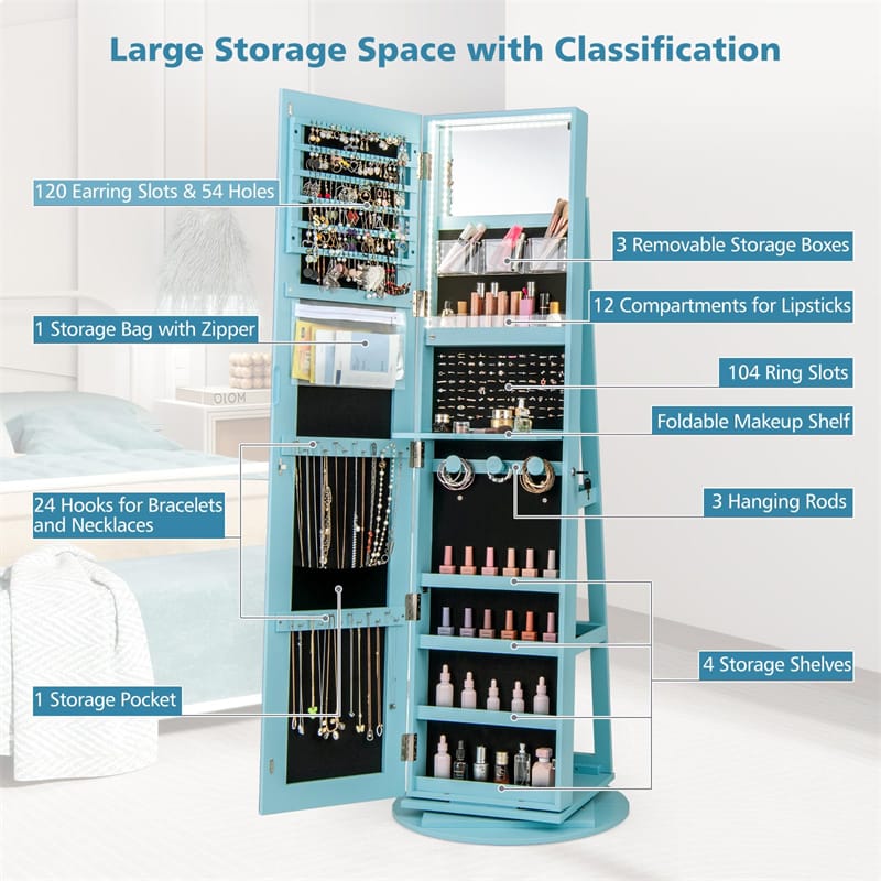 360° Swivel Jewelry Armoire with Full-Length Mirror, Lockable Jewelry Cabinet Standing Organizer w/Rear Storage Shelves 3-Color LED Lights