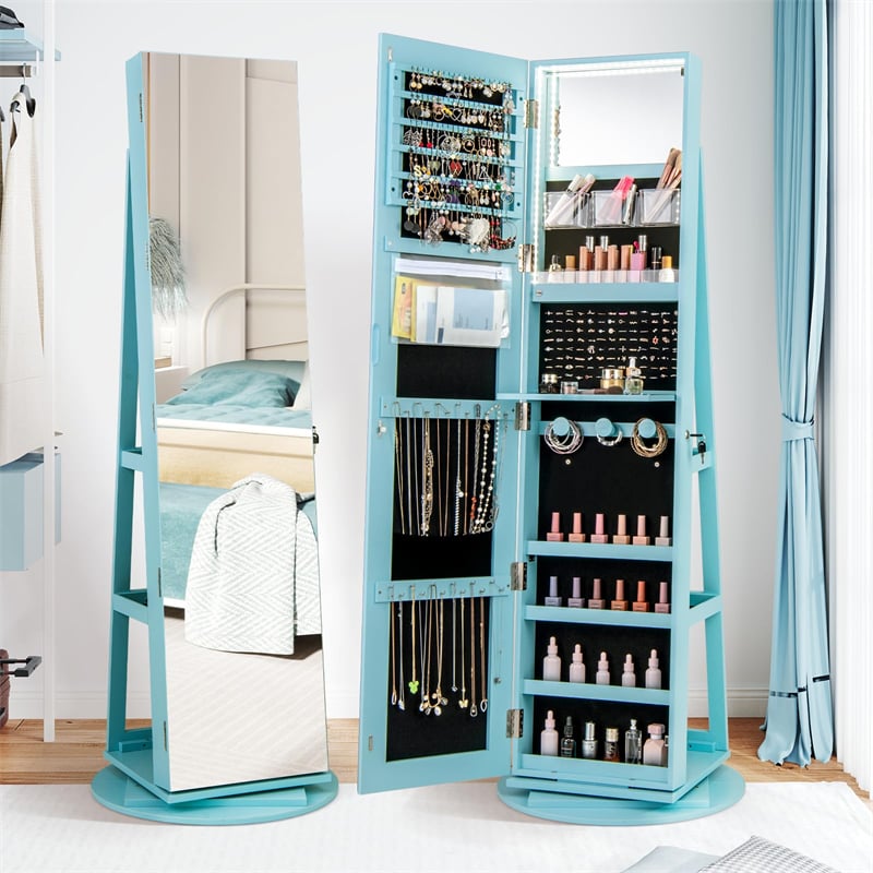 360° Swivel Jewelry Armoire with Full-Length Mirror, Lockable Jewelry Cabinet Standing Organizer w/Rear Storage Shelves 3-Color LED Lights