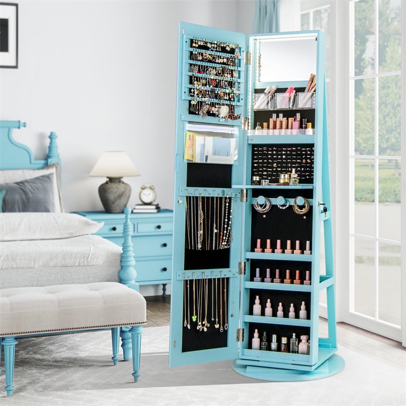 360° Swivel Jewelry Armoire with Full-Length Mirror, Lockable Jewelry Cabinet Standing Organizer w/Rear Storage Shelves 3-Color LED Lights