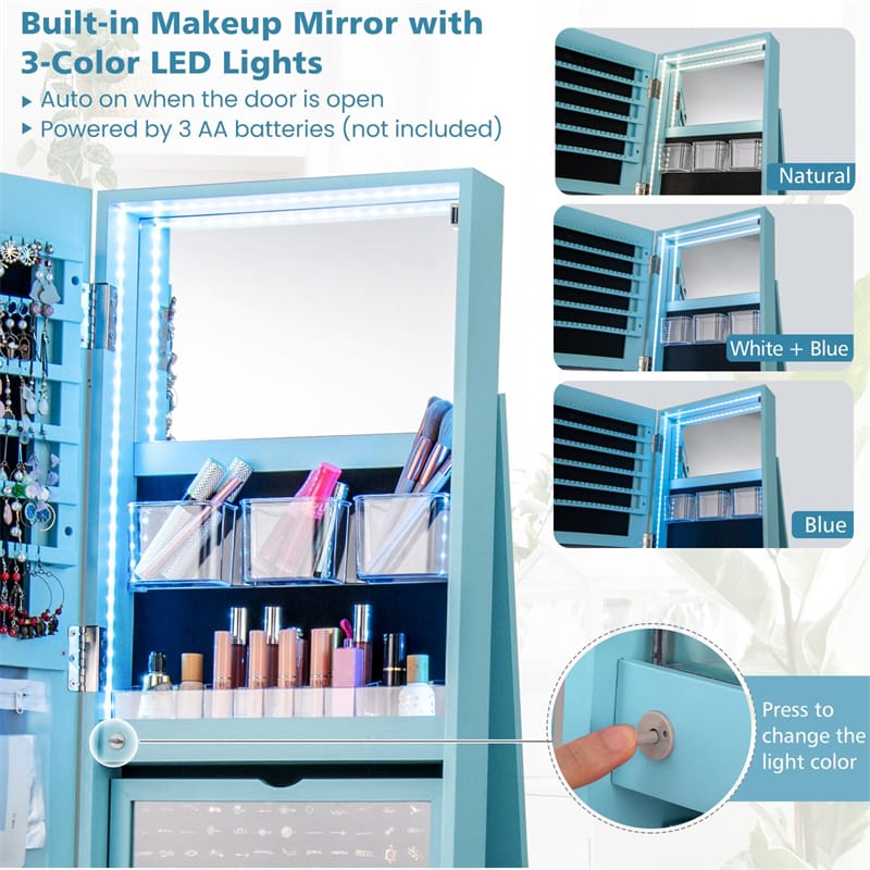360° Swivel Jewelry Armoire with Full-Length Mirror, Lockable Jewelry Cabinet Standing Organizer w/Rear Storage Shelves 3-Color LED Lights