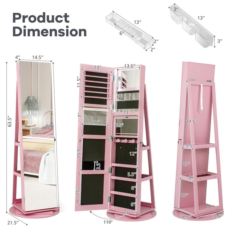 360° Swivel Jewelry Armoire with Full-Length Mirror, Lockable Jewelry Cabinet Standing Organizer w/Rear Storage Shelves 3-Color LED Lights