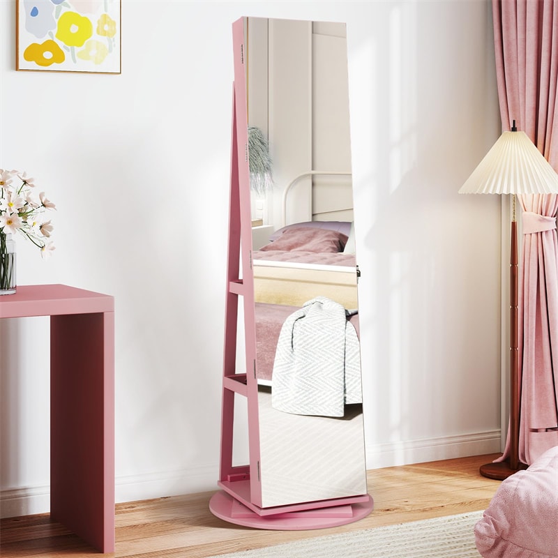 360° Swivel Jewelry Armoire with Full-Length Mirror, Lockable Jewelry Cabinet Standing Organizer w/Rear Storage Shelves 3-Color LED Lights