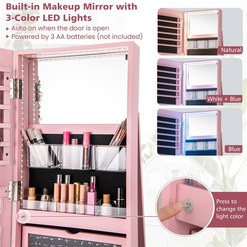 360° Swivel Jewelry Armoire with Full-Length Mirror, Lockable Jewelry Cabinet Standing Organizer w/Rear Storage Shelves 3-Color LED Lights