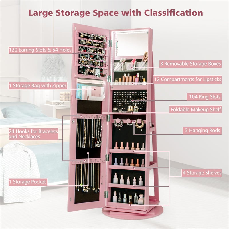 360° Swivel Jewelry Armoire with Full-Length Mirror, Lockable Jewelry Cabinet Standing Organizer w/Rear Storage Shelves 3-Color LED Lights