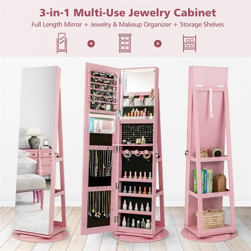 360° Swivel Jewelry Armoire with Full-Length Mirror, Lockable Jewelry Cabinet Standing Organizer w/Rear Storage Shelves 3-Color LED Lights