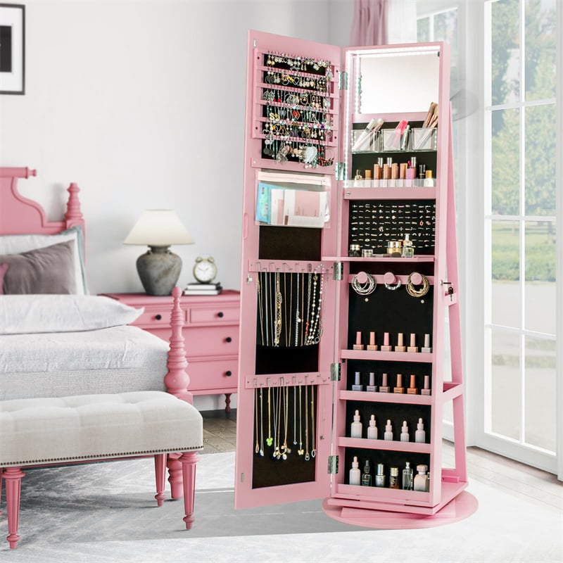 360° Swivel Jewelry Armoire with Full-Length Mirror, Lockable Jewelry Cabinet Standing Organizer w/Rear Storage Shelves 3-Color LED Lights