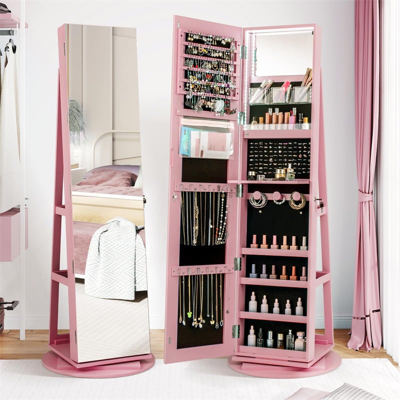 360° Swivel Jewelry Armoire with Full-Length Mirror, Lockable Jewelry Cabinet Standing Organizer w/Rear Storage Shelves 3-Color LED Lights