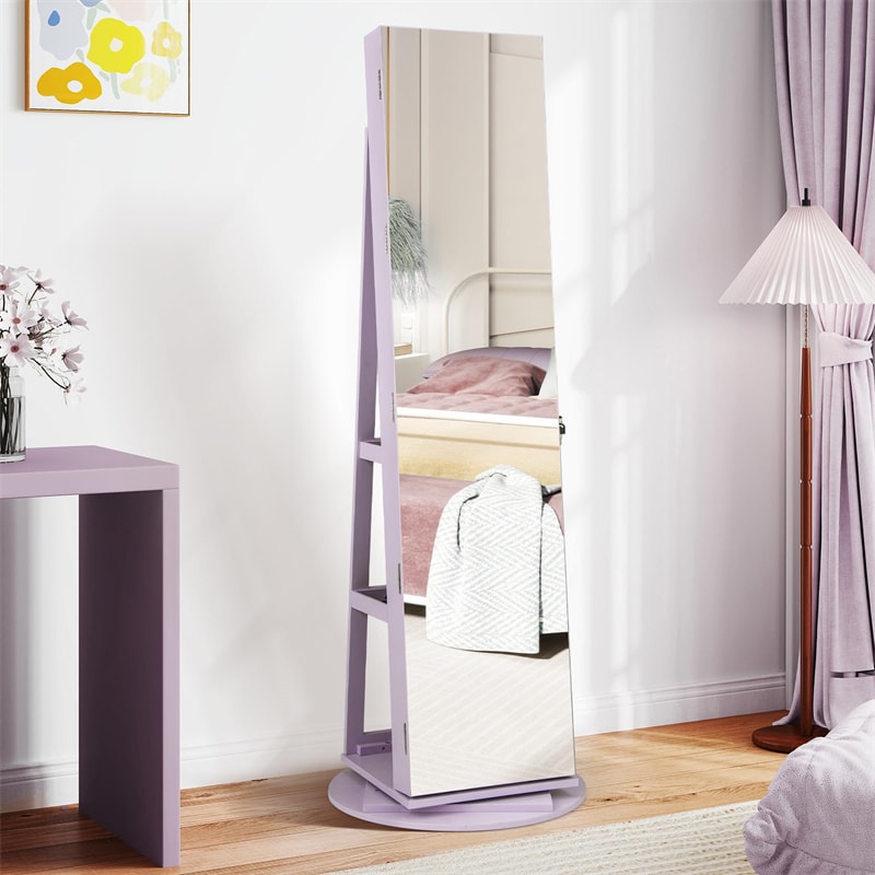 360° Swivel Jewelry Armoire with Full-Length Mirror, Lockable Jewelry Cabinet Standing Organizer w/Rear Storage Shelves 3-Color LED Lights