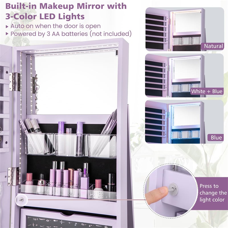 360° Swivel Jewelry Armoire with Full-Length Mirror, Lockable Jewelry Cabinet Standing Organizer w/Rear Storage Shelves 3-Color LED Lights