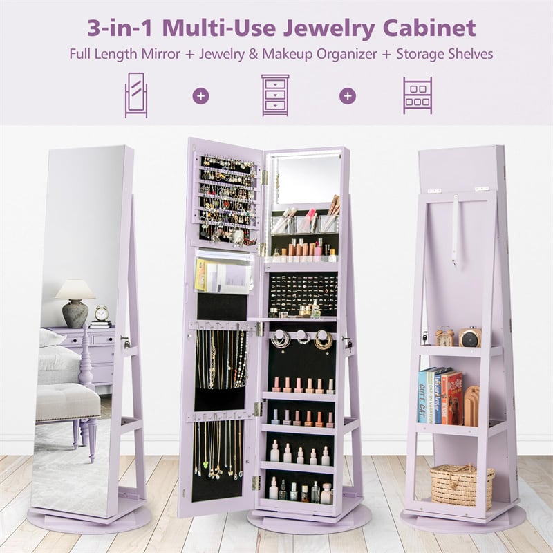 360° Swivel Jewelry Armoire with Full-Length Mirror, Lockable Jewelry Cabinet Standing Organizer w/Rear Storage Shelves 3-Color LED Lights