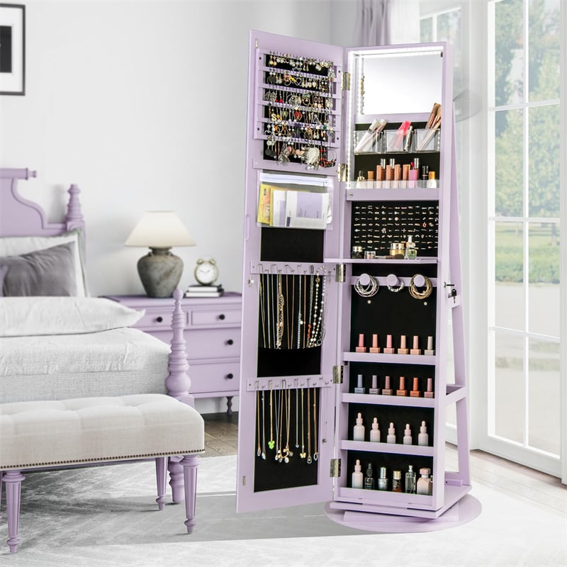 360° Swivel Jewelry Armoire with Full-Length Mirror, Lockable Jewelry Cabinet Standing Organizer w/Rear Storage Shelves 3-Color LED Lights