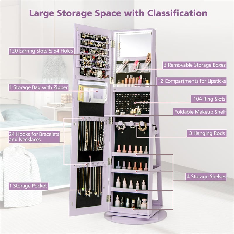 360° Swivel Jewelry Armoire with Full-Length Mirror, Lockable Jewelry Cabinet Standing Organizer w/Rear Storage Shelves 3-Color LED Lights