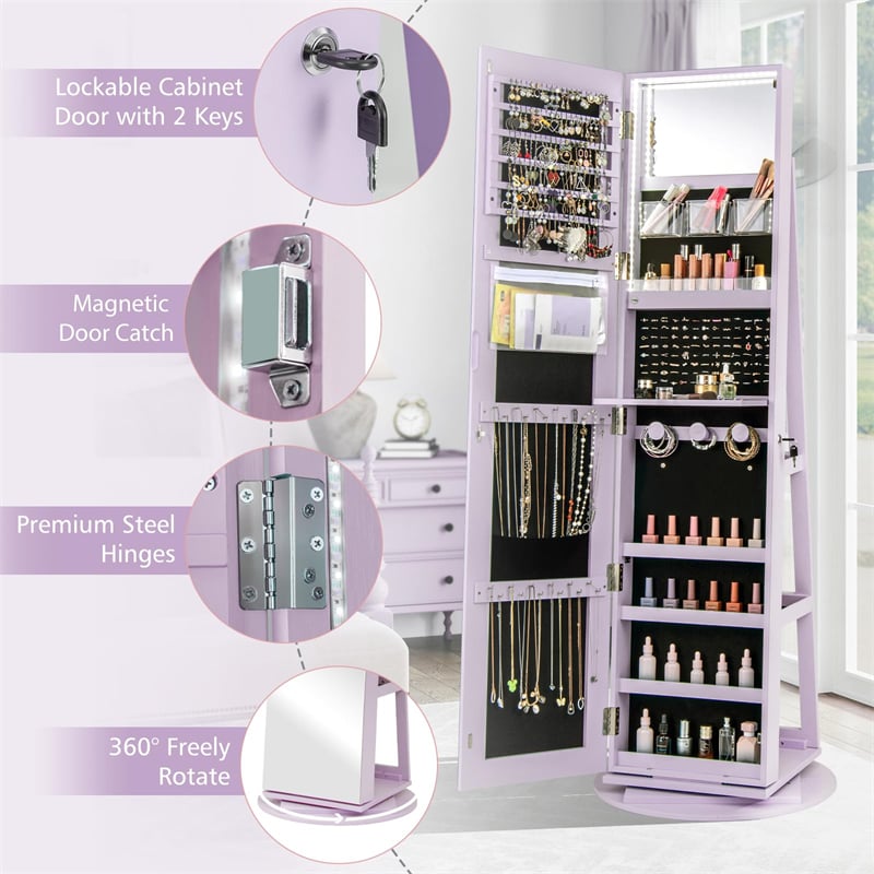 360° Swivel Jewelry Armoire with Full-Length Mirror, Lockable Jewelry Cabinet Standing Organizer w/Rear Storage Shelves 3-Color LED Lights
