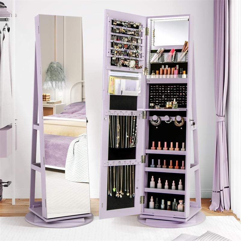 360° Swivel Jewelry Armoire with Full-Length Mirror, Lockable Jewelry Cabinet Standing Organizer w/Rear Storage Shelves 3-Color LED Lights