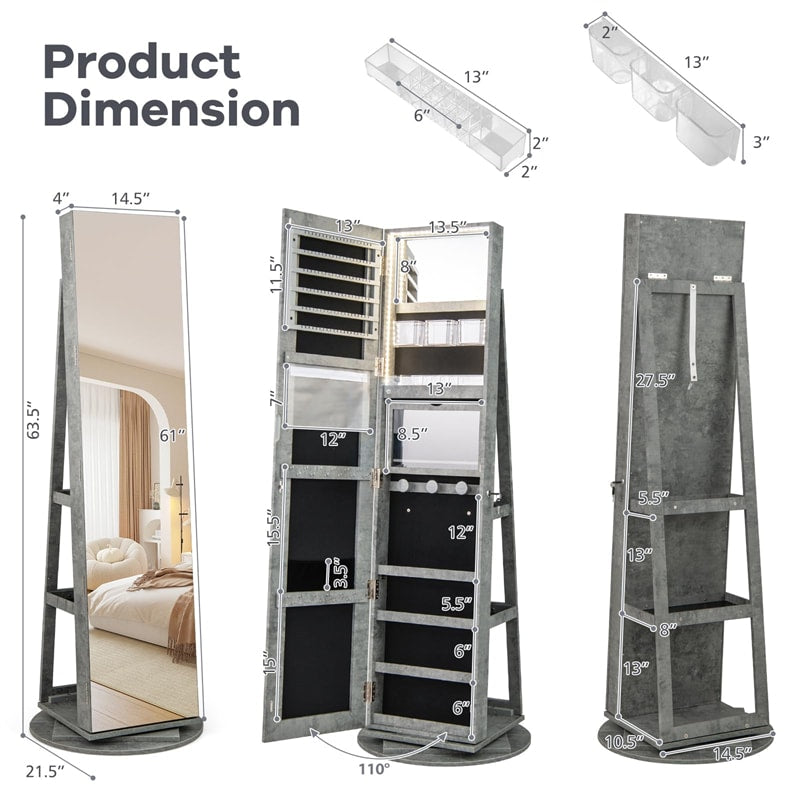 360° Swivel Jewelry Armoire with Full-Length Mirror, Lockable Jewelry Cabinet Standing Organizer w/Rear Storage Shelves 3-Color LED Lights