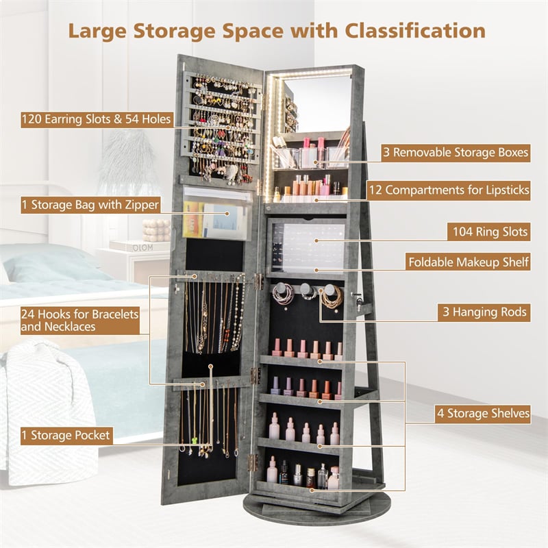 360° Swivel Jewelry Armoire with Full-Length Mirror, Lockable Jewelry Cabinet Standing Organizer w/Rear Storage Shelves 3-Color LED Lights