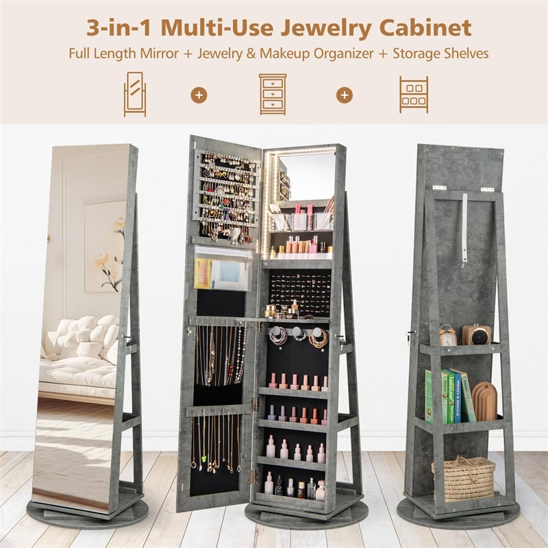 360° Swivel Jewelry Armoire with Full-Length Mirror, Lockable Jewelry Cabinet Standing Organizer w/Rear Storage Shelves 3-Color LED Lights