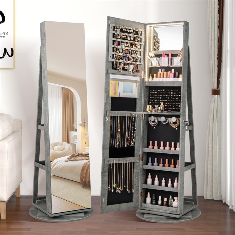 360° Swivel Jewelry Armoire with Full-Length Mirror, Lockable Jewelry Cabinet Standing Organizer w/Rear Storage Shelves 3-Color LED Lights
