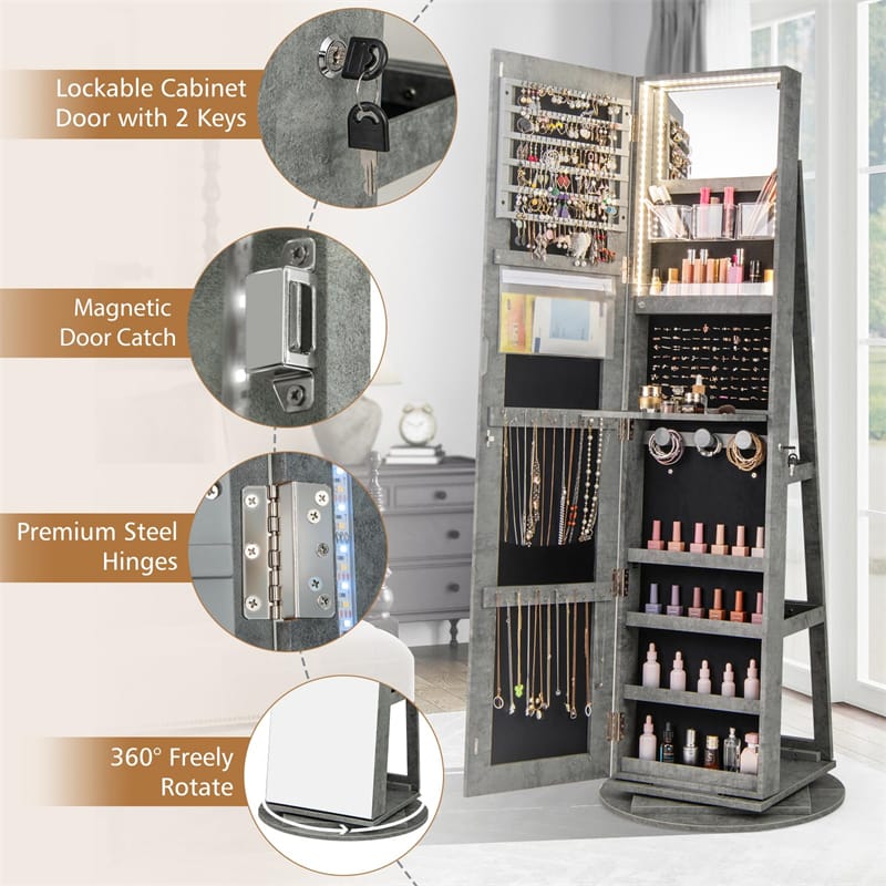 360° Swivel Jewelry Armoire with Full-Length Mirror, Lockable Jewelry Cabinet Standing Organizer w/Rear Storage Shelves 3-Color LED Lights