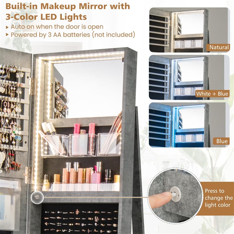 360° Swivel Jewelry Armoire with Full-Length Mirror, Lockable Jewelry Cabinet Standing Organizer w/Rear Storage Shelves 3-Color LED Lights