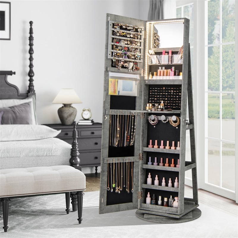 360° Swivel Jewelry Armoire with Full-Length Mirror, Lockable Jewelry Cabinet Standing Organizer w/Rear Storage Shelves 3-Color LED Lights