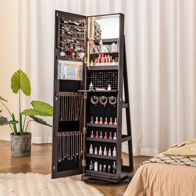 360° Swivel Jewelry Armoire with Full-Length Mirror, Lockable Jewelry Cabinet Standing Organizer w/Rear Storage Shelves 3-Color LED Lights