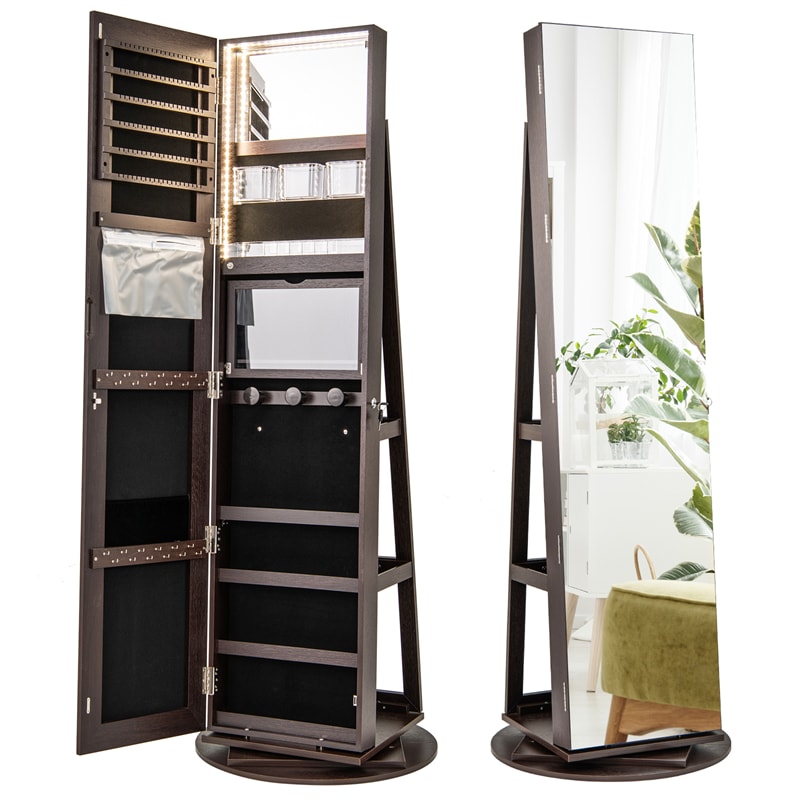 360° Swivel Jewelry Armoire with Full-Length Mirror, Lockable Jewelry Cabinet Standing Organizer w/Rear Storage Shelves 3-Color LED Lights