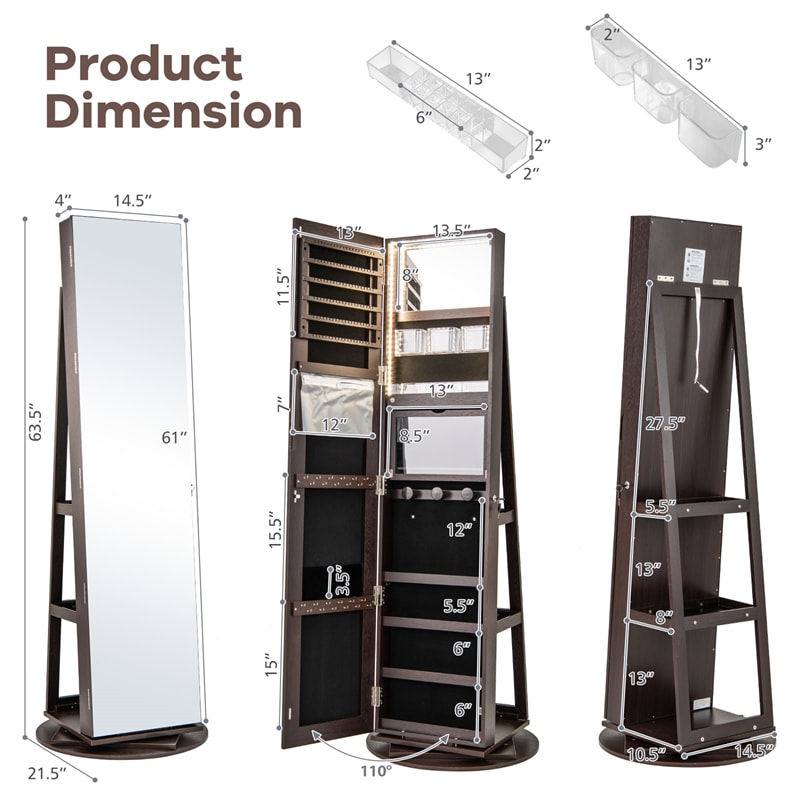 360° Swivel Jewelry Armoire with Full-Length Mirror, Lockable Jewelry Cabinet Standing Organizer w/Rear Storage Shelves 3-Color LED Lights