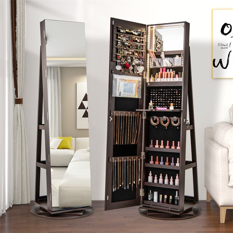 360° Swivel Jewelry Armoire with Full-Length Mirror, Lockable Jewelry Cabinet Standing Organizer w/Rear Storage Shelves 3-Color LED Lights