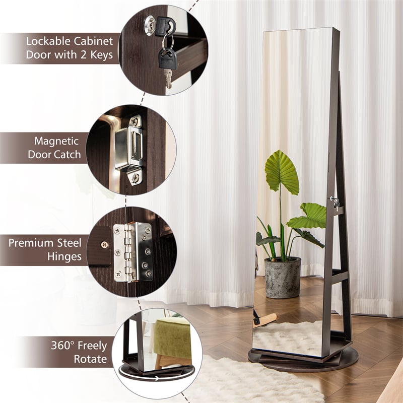 360° Swivel Jewelry Armoire with Full-Length Mirror, Lockable Jewelry Cabinet Standing Organizer w/Rear Storage Shelves 3-Color LED Lights