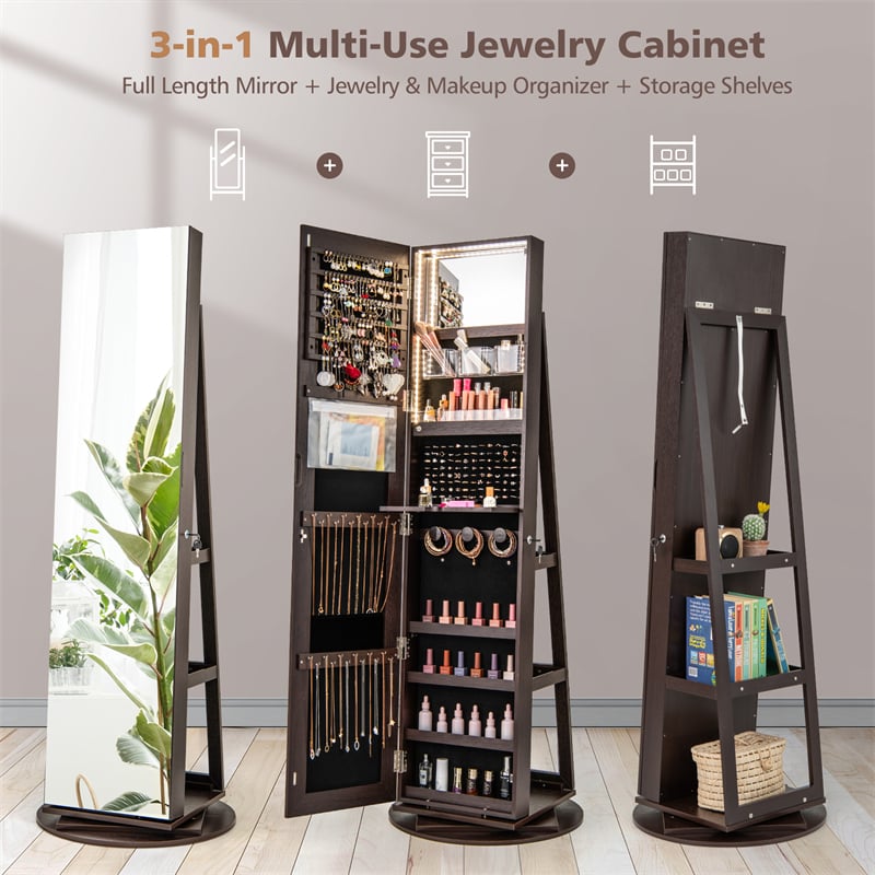 360° Swivel Jewelry Armoire with Full-Length Mirror, Lockable Jewelry Cabinet Standing Organizer w/Rear Storage Shelves 3-Color LED Lights