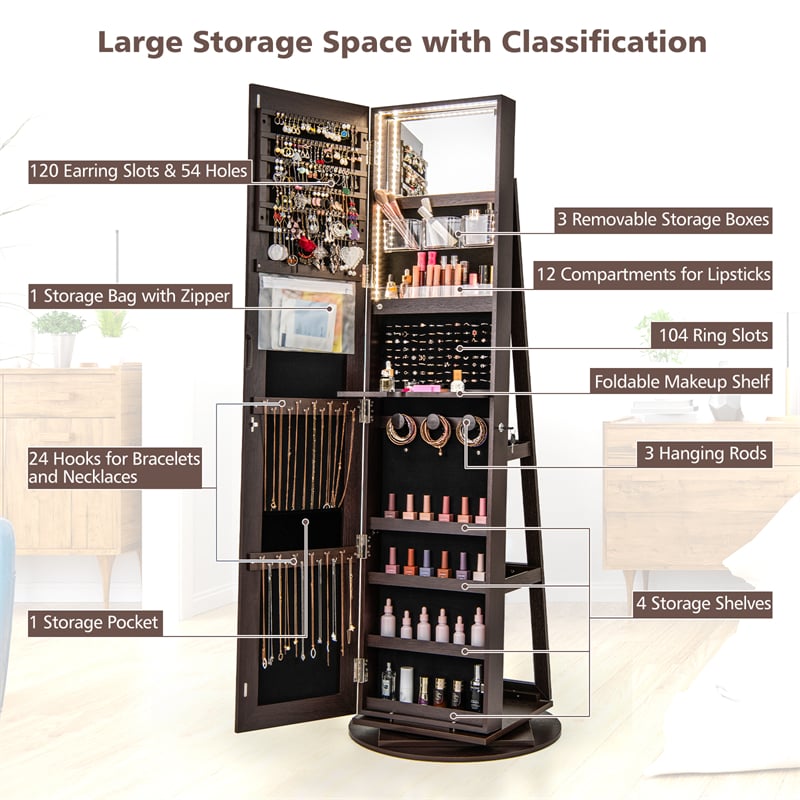 360° Swivel Jewelry Armoire with Full-Length Mirror, Lockable Jewelry Cabinet Standing Organizer w/Rear Storage Shelves 3-Color LED Lights